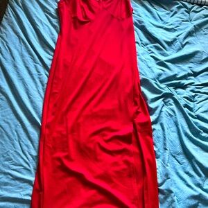 Adjustable strap red cami midi dress with a slit